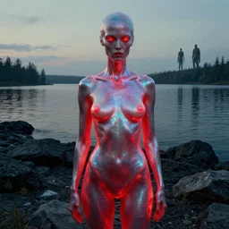 iridescent, portrait, neon body, rocky lake shore, alien woman, glowing red, by edgar maxence and ross tran, zdzisław beksinski, and michael whelan, distant, gustav dore, h. r. giger, 8 k, octane render
