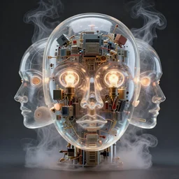 3 d portrait of the robot face made of translucent glass inside which are vintage electronic components lamp transistors, intricate, elegant, surrounded by smoke and burning. translucent nautilus, highly detailed, by wlop, tooth wu, greg rutkowski, alena aenami
