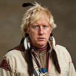 Photo of Native American indian man  Boris Johnson, portrait, skilled warrior of the Apache, ancient, realistic, detailed, Emma Watson