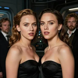 portrait of scarlet johansson and natalie portman in futuristic world, in the style of bosch, jan van eyck, albrecht durer, thomas dewing, lord frederic leighton