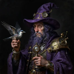 a baroque close - up portrait painting of a dark purple whimsical steampunk wizard holding a bird and a time machine. black background. negative light. highly detailed science fiction painting by norman rockwell, moebius, frank frazetta, and syd mead. high contrast. renaissance masterpiece. artstation
