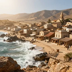 an arid mediteranean wild west port town, bright sun and crashing waves; detailed, best on artstation, cgsociety, wlop, cosmic, epic, stunning, gorgeous, masterpiece