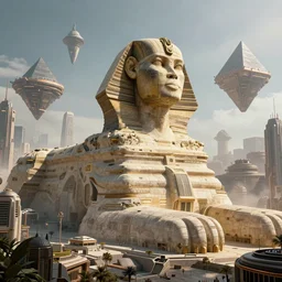 a scene of the beautiful intricate epic futuristic city with a huge cyber sphinx dominating the scene, floating cyber pyramid ships, hyper detailed, cinematic lighting