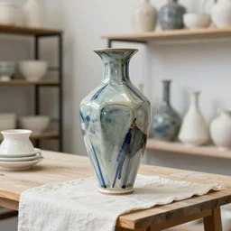 beautiful ceramics studio photograph of a ceramics display of tall angular stoneware vase glazed by jackson pollock placed on a tablecloth on a wooden table, hyperrealism 8 k trending on artstation