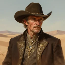 old cowboy portrait, desert background, fantasy, intricate, elegant, highly detailed, digital painting, artstation, concept art, smooth, sharp focus, illustration, art by afshar petros and krenz cushart and artem demura and tony sandoval
