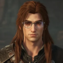 a full figure screenshot of a handsome guy with very long brownish! hair, with nerdy glasses in skyrim