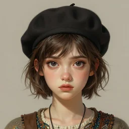 portrait of an elegantly dressed short haired hipster girl, extremely dark and prominent circles around eyes, irritated expression, bohemian fashion, wearing a beret, artsy, intricate, soft and cute face, highly detailed, digital painting, artstation, concept art, smooth, sharp focus, illustration, art by artgerm and greg rutkowski and alphonse mucha