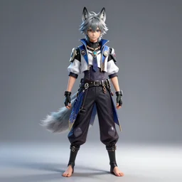 a beautiful fullbody portrait of a cute male genshin impact wolf boy wearing a cyberpunk outfit barefoot. ambient occlusion, volumetric light, detailed, realistic, fantasy character, rendered in octane