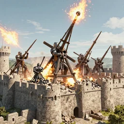 five giant and powerful medieval trebuchets fireing on a medieval fortress, destroying the walls, fire and explosion, debris flying around, octane render, unreal engine