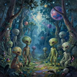 An alien forest populated by intergalactic beings who control the entire Universe. In a painting style.