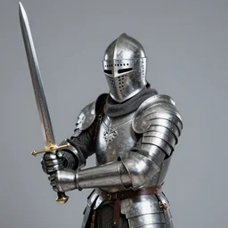 a warrior in silver armour, wearing a tall, conical, masked helmet clutching a sword