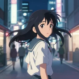 anime visual, girl turning her head facing the camera and her long, black hair flinging, at night in the streets of tokyo, shinkai makoto, your name, weather with you, 5 centimeter per second, key visual