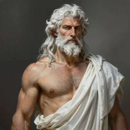 painted portrait of rugged zeus greek god, white hair masculine mature handsome seductive upper body toned burly hairy white robe fantasy, intricate, elegant, extremely detailed digital painting trending artstation concept art heroic portrait sharp focus, illustration, art by greg rutkowski magali villeneuve craig mullins