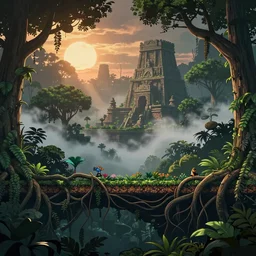 deep mayan jungle forest realm biodiversity , side-scrolling 2d platformer game level, swirling clouds of magical mist through the trees, ancient forbidden temple ruins in tre background between the tree trunks, dramatic dusk sun illuminates areas , volumetric light , detailed entangled roots carpet the forest floor, rich  color , upscale , 8k