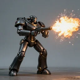 a humanoid black metallic robot firing from a flamethrower and napalm, film footage, porta 4 0 0 golden, epic burst of fire, cinematic contrast shot, evil, massive, amoled, cinematic lighting, volumetric light, volumetric, ray tracing global illumination, ray traced
