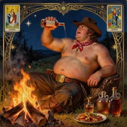 a dramatic, epic, ethereal painting of a !!!handsome!!! thicc chunky beefy mischievous shirtless with a big beer belly wearing a large belt and bandana offering a whiskey bottle | he is a cowboy relaxing by a campfire | background is a late night with food and jugs of whisky | homoerotic | stars, tarot card, art deco, art nouveau, intricate | by Mark Maggiori (((and Alphonse Mucha))) | trending on artstation