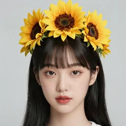 sunflower tiara, korean audrey hepburn, bold eye shadow, vogue magazine, greg rutkowski, john singer sargent, trending on artstation, anime, oil painting, side profile portrait, looking right, intricate