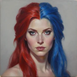 a detailed matte oil on canvas head on symmetrical portrait of a distinguished elven woman with red blue hair by charlie bowater, lise deharme, wlop, trending on artstationhd, dungeons and dragons art critical role,!! half and half hair dye!!,! split hair dye!,! two tone hair! dye
