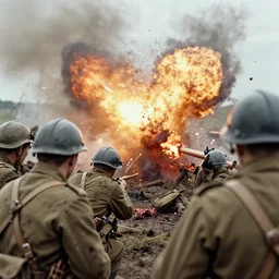 a rare 1 9 2 0 s close - up photograph of soldiers on the battlefield, ww 2, graphic, explosions, bloody,, dirty, grainy