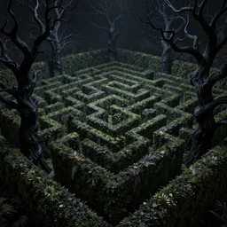 dense dark maze, tall hedge walls, gnarled black trees, midnight, volumetric lighting, 8 k octane beautifully detailed render, post - processing, extremely hyper - detailed, intricate, epic composition, intricate, trending on artstation, stunning art by anders zorn, wonderful masterpiece by frank frazetta