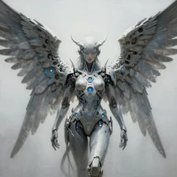 Biblically accurate angel with cyberpunk wings, digital painting, 4k, HDR, concept art, detailed wings, smooth, sharp focus, illustration, art by Artgerm, H R Giger and Alphonse Mucha