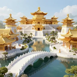 ancient utopian chinese golden palace in paradise, canals, white marble bridge, palaces, tropical, red maple trees, by leon tukker, photography, cinematic lighting, octane render, artstation
