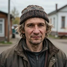 Photo of Native Russian man Donald Tramp, portrait, skilled homeless, realistic, detailed, Donald Tramp, photorealistick, Sony A7R