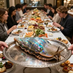 photo of giant iridescent slug on a silver tray in the middle of a buffet for 50 people, Parisian Cuisine, realism, photo, 8K, detailed, beautiful, realistic, high quality, high resolution