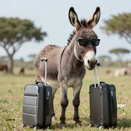 a donkey wearing sunglasses and holding a travel suitcase, photorealistic, 8k resolution, long shot