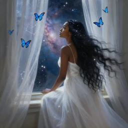 a beautiful young black woman with long flowing starry hair in a flowing white gown in looking out a window to see a sparkling nebula through gauzy curtains, blue butterflies made of constellations, highly detailed painting by gaston bussiere, craig mullins, j. c. leyendecker 8 k