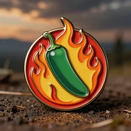 simple yet detailed, jalapeno on fire flame circle enamel pin retro design