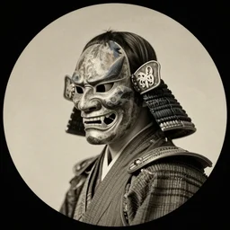 a potrait of a samurai warrior taken in 1 6 3 0, in a circle, kodak 4 0 0, nft style, facing sideways, wearing an oni mask, grain, scretch, high quality, 8 k, photorealistic, real, old photo style