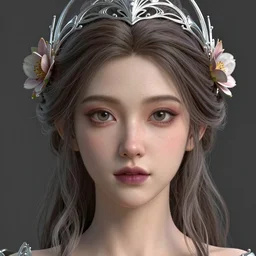 complex 3 d render, ultra detailed, realistic portrait of a beautiful porcelain skin woman, face, wispy, wavy hair worn tied back in a messy bun, wearing filigree silver elven circlet, wide open eyes, flowers in hair, brown eyeshadow, mauve lips, natural makeup, 8 5 mm lens, beautiful, studio portrait, goddess,