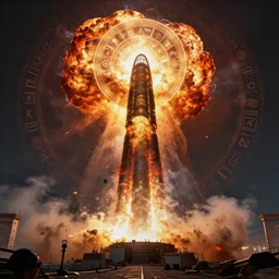 moscow nuclear explotion by jheronimus bosch, armageddon, hyper realistic, sharp focus, depth of field, hyper detailed visionary art, symmetric, magic symbols, holy halo, dramatic ambient lighting, high detail, vibrant colors,