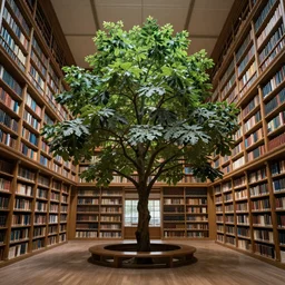 a beautiful tree growing in the middle of a library. wide angle, dramatic light, ultra realistic, 4K, peter mohrbacher