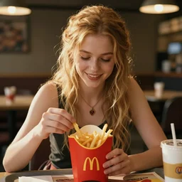 A girl at McDonald's in Skyrim, ordering fries, screenshot from Elder Scrolls V Skyrim
