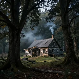 a dark wood with an old cottage in state of dis - repair smoke rising, ghosts