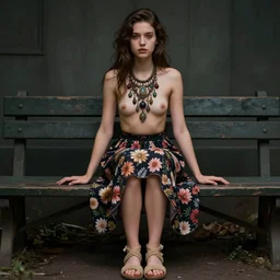 dslr photo of a pretty young woman, full bodied portrait with brown hair, sitting on a bench wearing a flower skirt, and body and wearing hemp sandals and a very detailed faerie necklace around neck, artgerm, artstation, very high quality face, intricate details, extremely high quality, moody lighting, real camera, real photo, zoomed out shot, photography by deviantart, 8 k