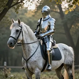 a knight with glass armor on a horse with dappled light coming through the trees