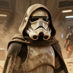 star wars film still, closeup portrait of a dirty sand trooper wearing a hooded cloak in a desert spaceport, dust, scum and villainy, rim light, embers, hyper detailed, smooth, high contrast, concept art, gta v, arney freytag, volumetric lighting, ralph mcquarrie, doug chiang, ryan church