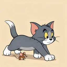 “a cute cat chasing a mouse, tom and jerry”