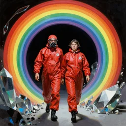 portrait of two scientists in red hazmat suits entering the rainbow geometric crystal dimensional gateway by frank frazetta
