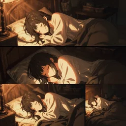 3 panel scene, anime girl sleeps snuggled up in a cozy room - dramatic cozy poster by wlop and okuda genso. wide angle lens. featured on pixiv, anime aesthetic. pixiv, warm aesthetic, rays of light, volumetric light, artstation, vanitas, official art, gothic, noise film photo. octane render, redshift render, ue 4