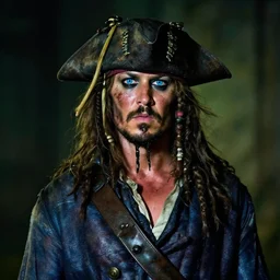 night portrait photo of a pirate captain with blue eyes and long brown bear and hair, faded worn blue coat and black hat, rugged and dirty, 50mm sigma lens, movie shot, color graded, 4k trailer