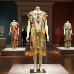 the film still photographed image is a outfit ensemble from the 1 9 2 0 s. the outfit ensemble is inspired by the greek goddess harmonia. it is displayed on a mannequin in a museum exhibit. vibrant cinematography, anamorphic lenses, upscale, hyper realistic photo, crisp, detailed image in 8 k resolution.