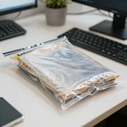 close-up photo of office desk with every item on it shrink wrapped