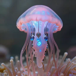 natural light, soft focus portrait of a cyberpunk anthropomorphic anemone with soft synthetic pink skin, blue bioluminescent plastics, smooth shiny metal, elaborate ornate jewellery, piercings, skin textures, by annie leibovitz, paul lehr