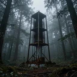 abandoned tesla coil in the woods, around everlasting darkness, atmospheric, wide shot, high definition, high detail, foreboding, artstation, foggy