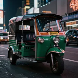 a green tuk tuk in Times Square at night, moody, dramatic lighting, cinematic, matte painting, concept art, 4k