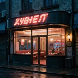 exterior of the last open cyberpunk restaurant in a rainy night by rene magritte